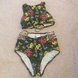 Anne Cole Studio M green & yellow floral high neck lace-back, string-hip bikini